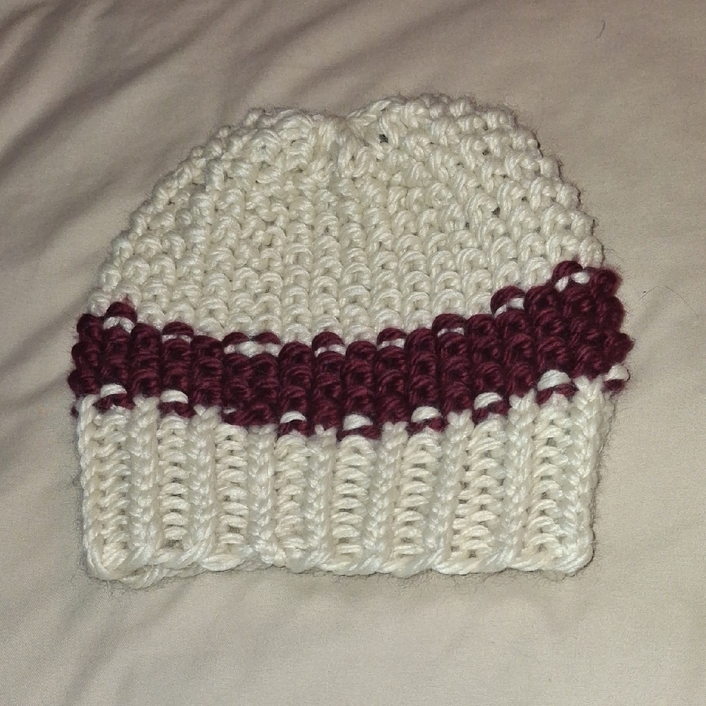 Handknit Cream And Wine Winter Beanie